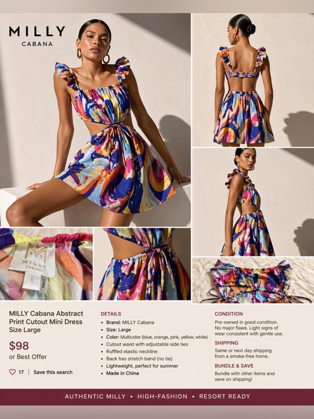 MILLY Cabana Abstract Print Cutout Mini Dress Size Large - Picture 3 of 7